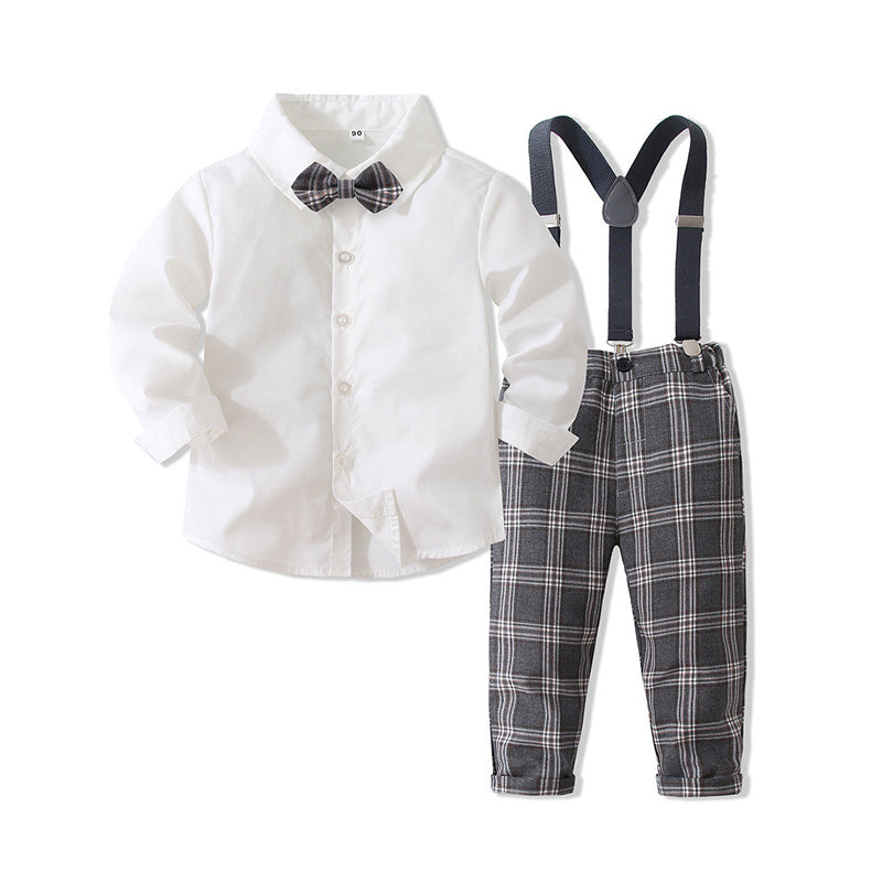 2 Pieces Set Baby Kid Boys Dressy Birthday Party Solid Color Bow Shirts And Checked Jumpsuits Wholesale 221216466