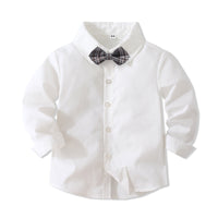 Load image into Gallery viewer, 2 Pieces Set Baby Kid Boys Dressy Birthday Party Solid Color Bow Shirts And Checked Jumpsuits Wholesale 221216466
