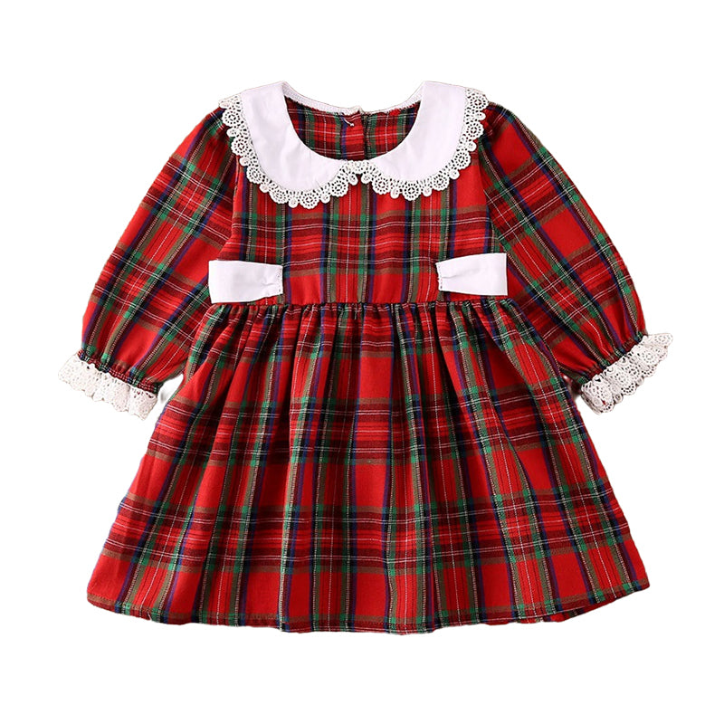 Baby Kid Girls Checked Lace Christmas Dresses Wholesale 22121647