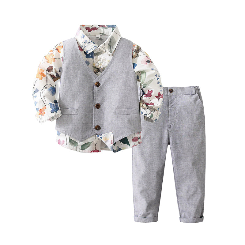 3 Pieces Set Baby Kid Boys Birthday Party Flower Print Shirts  And Solid Color Vests Waistcoats And Pants Wholesale 221216484