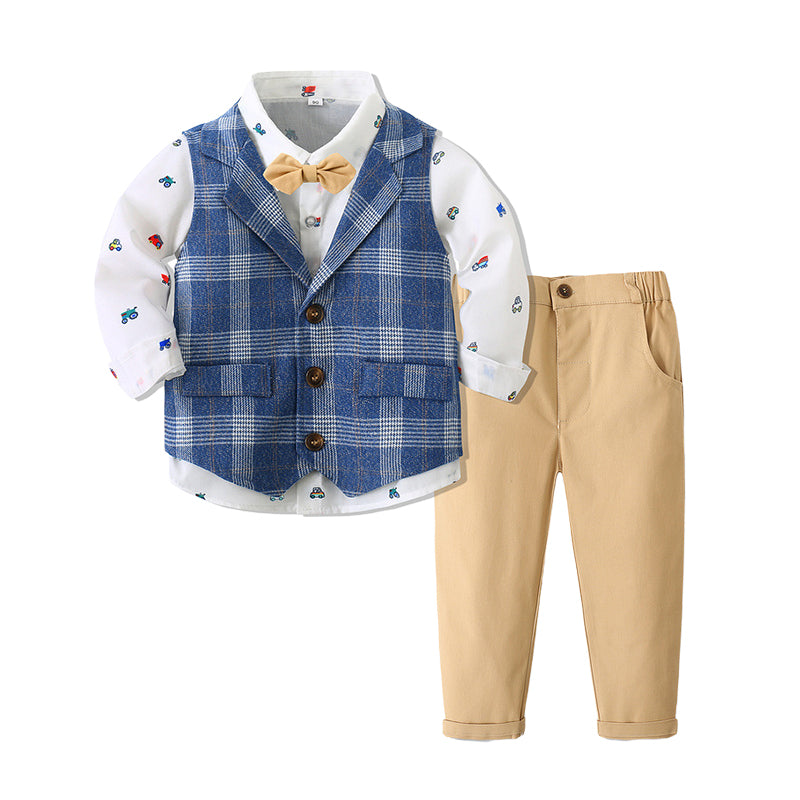 3 Pieces Set Baby Kid Boys Birthday Party Car Bow Shirts Checked Vests Waistcoats And Solid Color Pants Wholesale 221216497