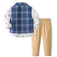 Load image into Gallery viewer, 3 Pieces Set Baby Kid Boys Birthday Party Car Bow Shirts Checked Vests Waistcoats And Solid Color Pants Wholesale 221216497

