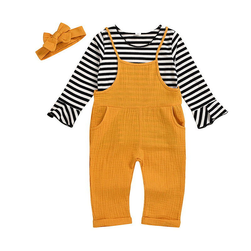 2 Pieces Set Baby Kid Girls Striped Tops And Solid Color Jumpsuits Wholesale 221216502