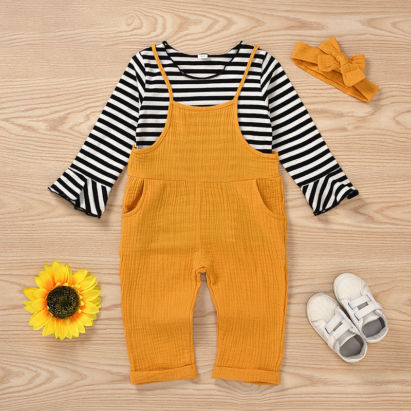 2 Pieces Set Baby Kid Girls Striped Tops And Solid Color Jumpsuits Wholesale 221216502