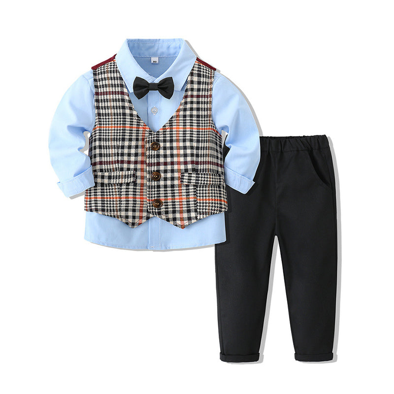3 Pieces Set Baby Kid Boys Solid Color Shirts Pants And Checked Vests Waistcoats Wholesale 221216516