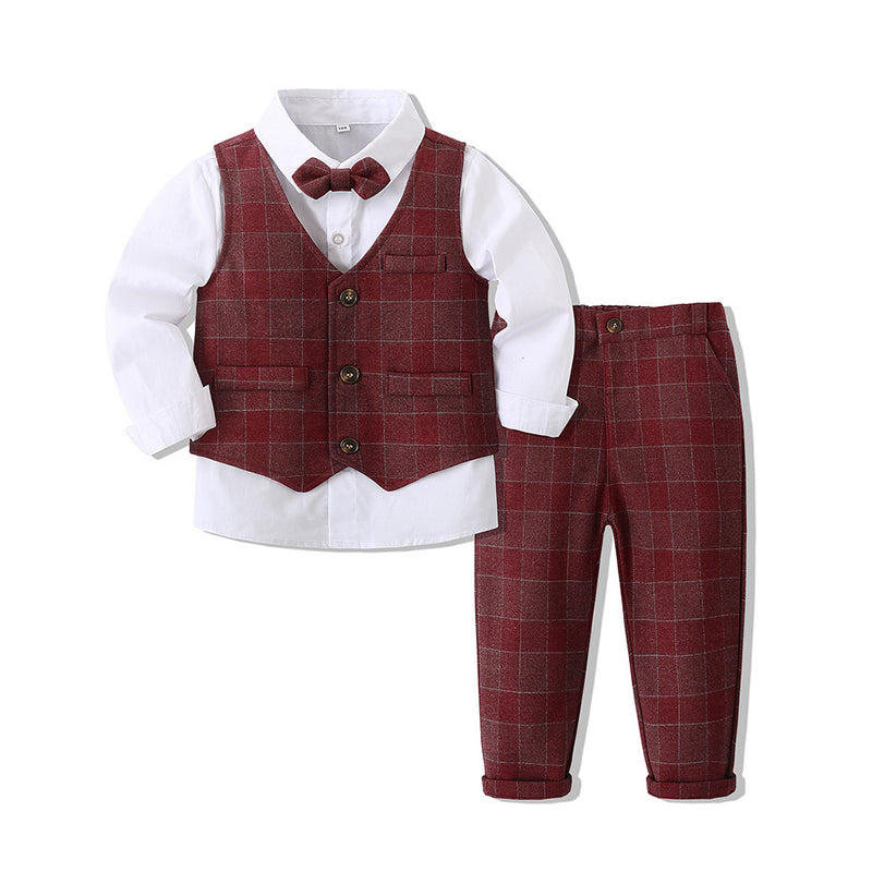3 Pieces Set Baby Kid Boys Solid Color Bow Shirts Checked Vests Waistcoats And Pants Wholesale 221216518