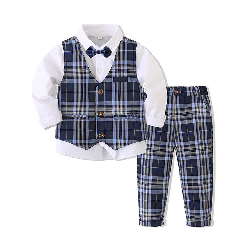 3 Pieces Set Baby Kid Boys Birthday Party Solid Color Bow Shirts Checked Vests Waistcoats And Pants Wholesale 221216530