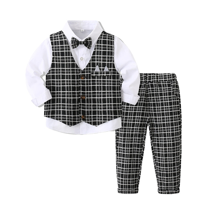 3 Pieces Set Baby Kid Boys Birthday Party Solid Color Bow Shirts And Checked Vests Waistcoats And Pants Wholesale 221216534