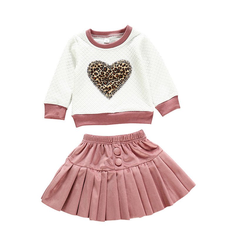 2 Pieces Set Baby Kid Girls Color-blocking Love heart Hoodies Swearshirts And Solid Color Skirts Wholesale 221216538
