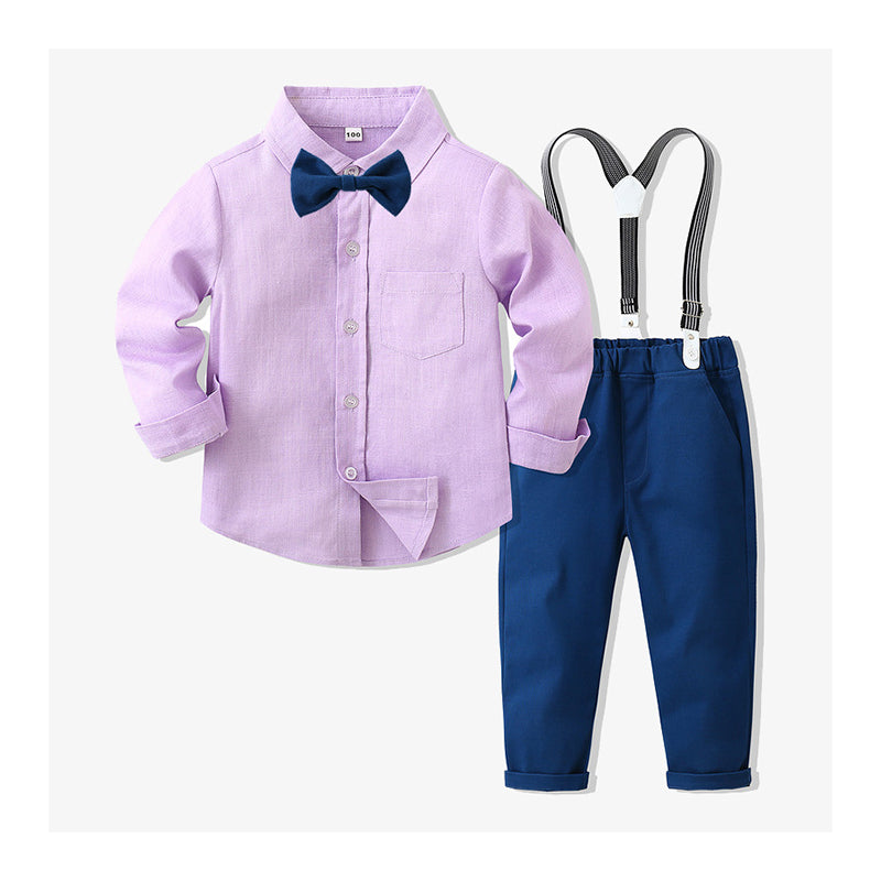 2 Pieces Set Baby Kid Boys Birthday Solid Color Bow Shirts And Jumpsuits Wholesale 221216546