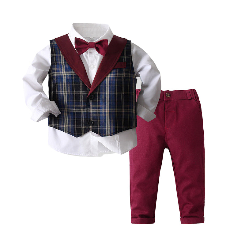 3 Pieces Set Baby Kid Boys Birthday Bow Shirts Checked Vests Waistcoats And Solid Color Pants Wholesale 221216547