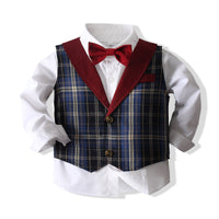 Load image into Gallery viewer, 3 Pieces Set Baby Kid Boys Birthday Bow Shirts Checked Vests Waistcoats And Solid Color Pants Wholesale 221216547
