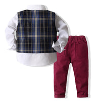 Load image into Gallery viewer, 3 Pieces Set Baby Kid Boys Birthday Bow Shirts Checked Vests Waistcoats And Solid Color Pants Wholesale 221216547
