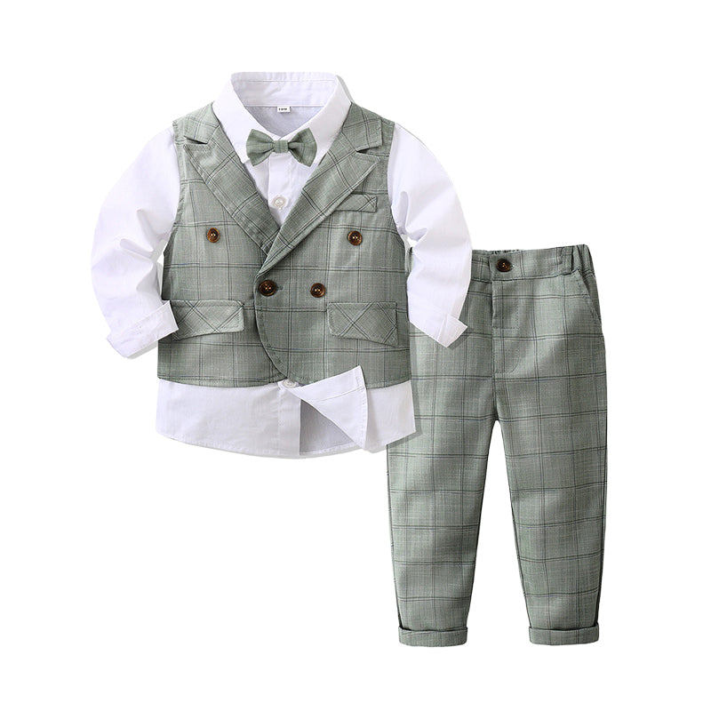 3 Pieces Set Baby Kid Boys Dressy Birthday Checked Vests Waistcoats And Solid Color Bow Shirts And Pants Suits Wholesale 221216563