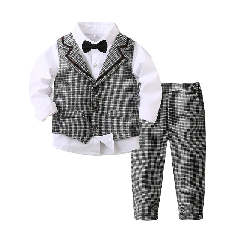 3 Pieces Set Baby Kid Boys Dressy Birthday Checked Vests Waistcoats And Solid Color Bow Shirts And Pants Suits Wholesale 221216564
