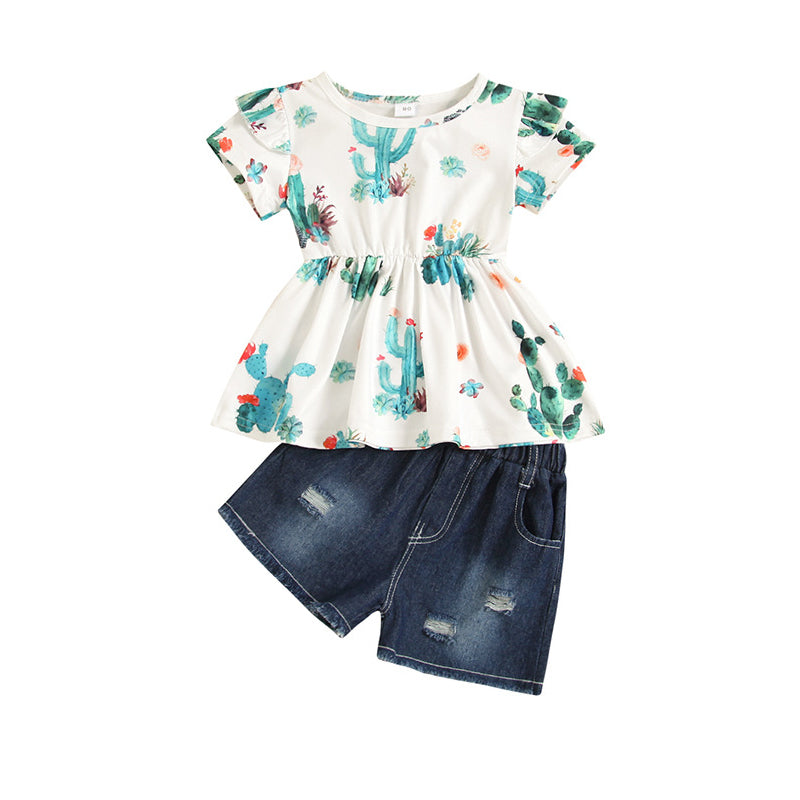 2 Pieces Set Kid Girls Plant Print Tops And Ripped Shorts Wholesale 221216571