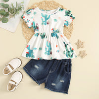 Load image into Gallery viewer, 2 Pieces Set Kid Girls Plant Print Tops And Ripped Shorts Wholesale 221216571
