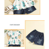 Load image into Gallery viewer, 2 Pieces Set Kid Girls Plant Print Tops And Ripped Shorts Wholesale 221216571
