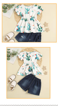 Load image into Gallery viewer, 2 Pieces Set Kid Girls Plant Print Tops And Ripped Shorts Wholesale 221216571
