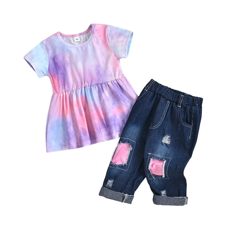 2 Pieces Set Baby Kid Girls Tie Dye Tops And Ripped Pants Wholesale 221216572