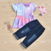 Load image into Gallery viewer, 2 Pieces Set Baby Kid Girls Tie Dye Tops And Ripped Pants Wholesale 221216572

