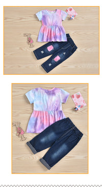 Load image into Gallery viewer, 2 Pieces Set Baby Kid Girls Tie Dye Tops And Ripped Pants Wholesale 221216572
