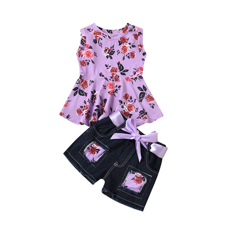 2 Pieces Set Baby Kid Girls Flower Print Tank Tops And Ripped Shorts Wholesale 221216573