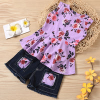 Load image into Gallery viewer, 2 Pieces Set Baby Kid Girls Flower Print Tank Tops And Ripped Shorts Wholesale 221216573
