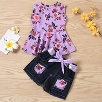 Load image into Gallery viewer, 2 Pieces Set Baby Kid Girls Flower Print Tank Tops And Ripped Shorts Wholesale 221216573

