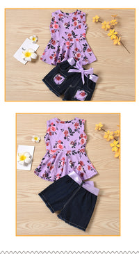 Load image into Gallery viewer, 2 Pieces Set Baby Kid Girls Flower Print Tank Tops And Ripped Shorts Wholesale 221216573
