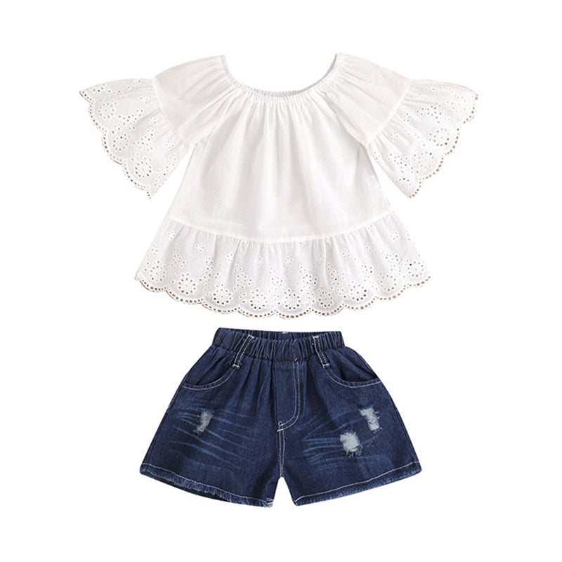 2 Pieces Set Baby Kid Girls Solid Color Tops And Ripped Shorts Wholesale 221216582