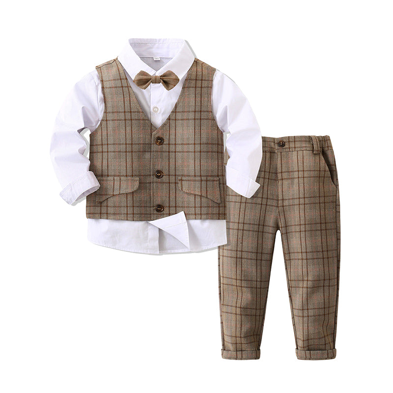 3 Pieces Set Baby Kid Boys Dressy Checked Vests Waistcoats And Solid Color Bow Shirts And Pants Suits Wholesale 221216584