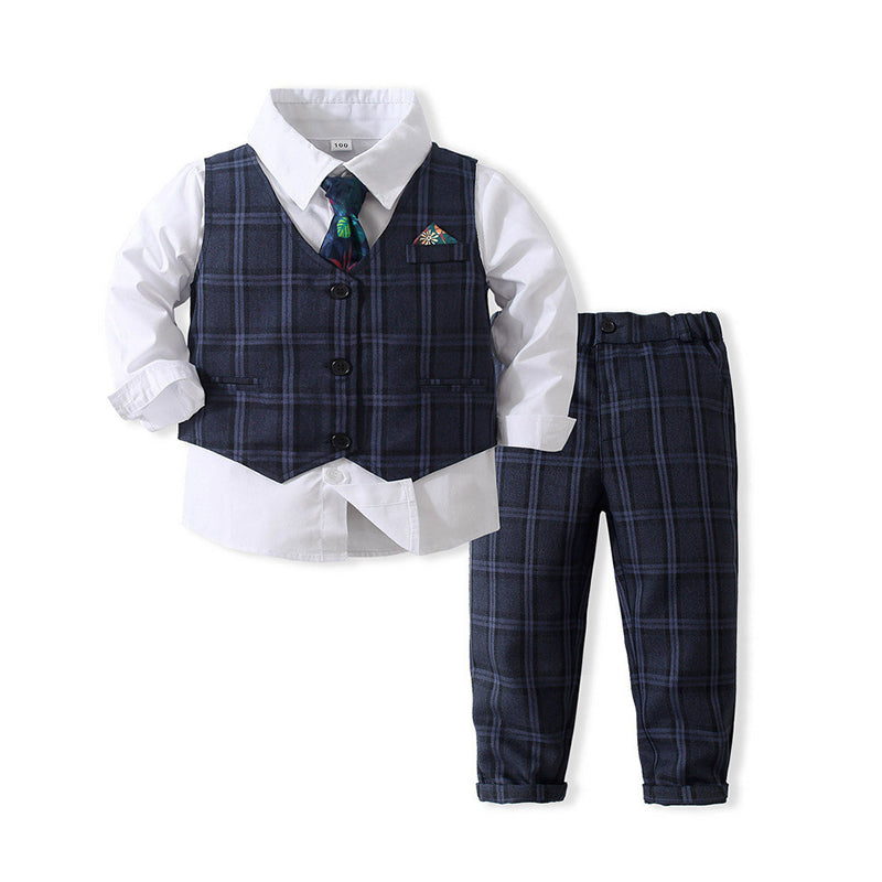 3 Pieces Set Baby Kid Boys Birthday Party Solid Color Bow Shirts Checked Vests Waistcoats And Pants Wholesale 22121660