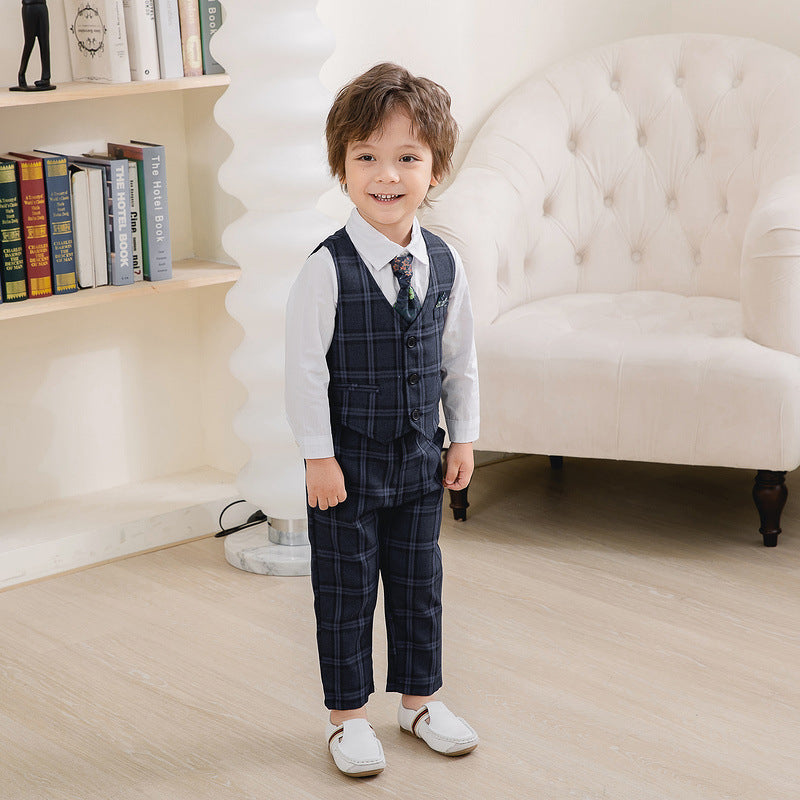 3 Pieces Set Baby Kid Boys Birthday Party Solid Color Bow Shirts Checked Vests Waistcoats And Pants Wholesale 22121660