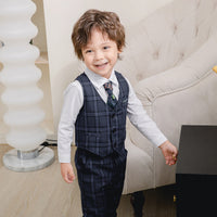 Load image into Gallery viewer, 3 Pieces Set Baby Kid Boys Birthday Party Solid Color Bow Shirts Checked Vests Waistcoats And Pants Wholesale 22121660
