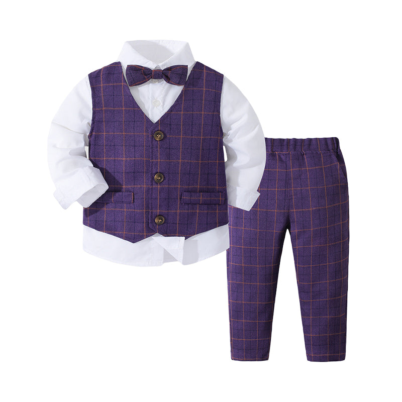 3 Pieces Set Baby Kid Boys Solid Color Bow Shirts Checked Vests Waistcoats And Pants Wholesale 221216608