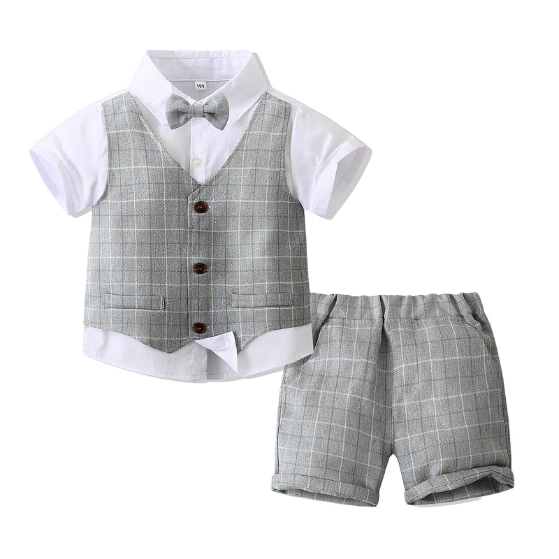 3 Pieces Set Baby Kid Boys Solid Color Bow Shirts Checked Vests Waistcoats And Shorts Wholesale 221216610