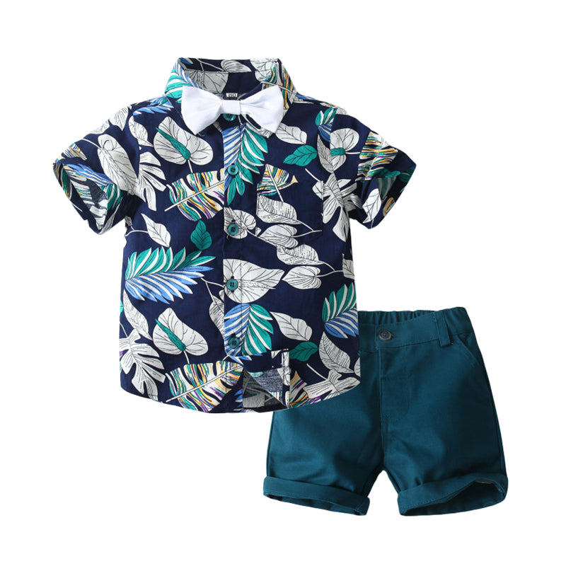 2 Pieces Set Baby Kid Boys Birthday Party Plant Bow Print Shirts And Solid Color Shorts Wholesale 221216626