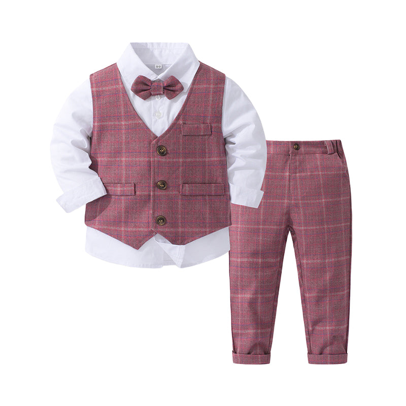 3 Pieces Set Baby Kid Boys Dressy Party Checked Vests Waistcoats And Solid Color Bow Shirts And Pants Suits Wholesale 221216627