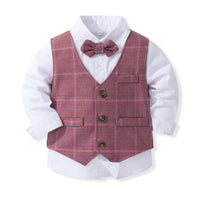 Load image into Gallery viewer, 3 Pieces Set Baby Kid Boys Dressy Party Checked Vests Waistcoats And Solid Color Bow Shirts And Pants Suits Wholesale 221216627
