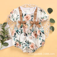 Load image into Gallery viewer, Baby Girls Flower Bow Print Rompers Wholesale 22121663
