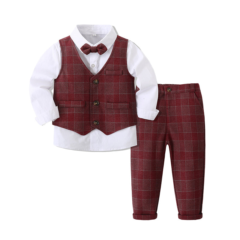3 Pieces Set Baby Kid Boys Dressy Party Checked Vests Waistcoats And Solid Color Bow Shirts And Pants Suits Wholesale 221216632