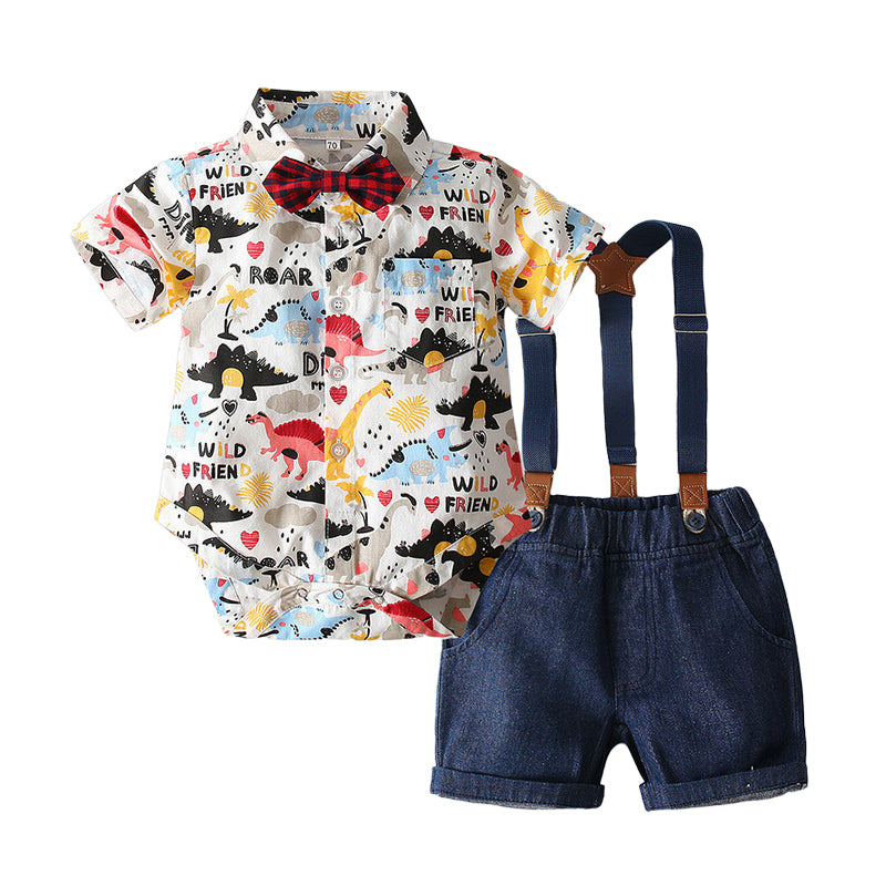 2 Pieces Set Baby Boys Dinosaur Bow Print Rompers And Solid Color Shorts Wholesale 221216633