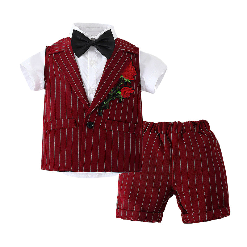 3 Pieces Set Baby Kid Boys Dressy Birthday Party Solid Color Bow Shirts Striped Embroidered Vests Waistcoats And Shorts Wholesale 221216643