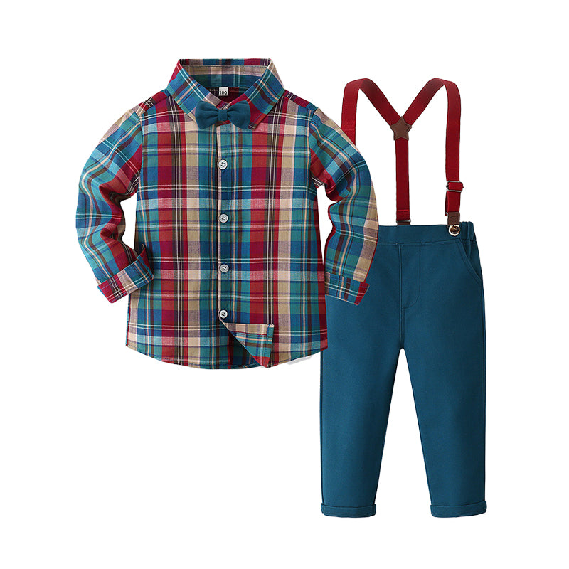 2 Pieces Set Baby Kid Boys Birthday Party Checked Bow Shirts And Solid Color Jumpsuits Wholesale 221216653