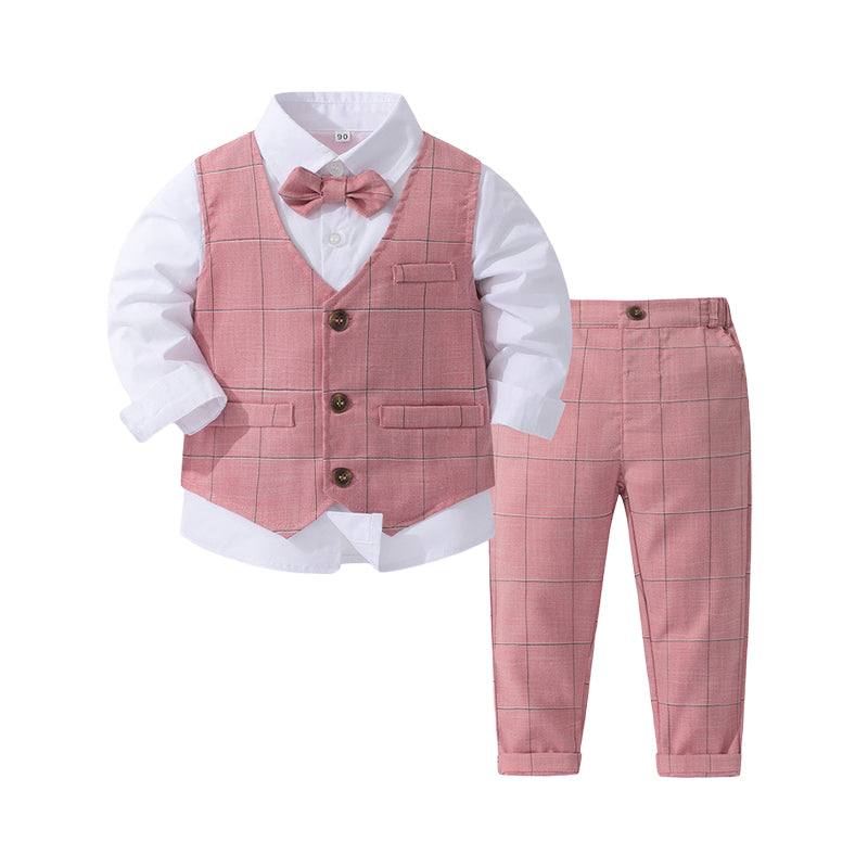 3 Pieces Set Baby Kid Boys Birthday Party Solid Color Bow Shirts Checked Vests Waistcoats And Pants Wholesale 221216655