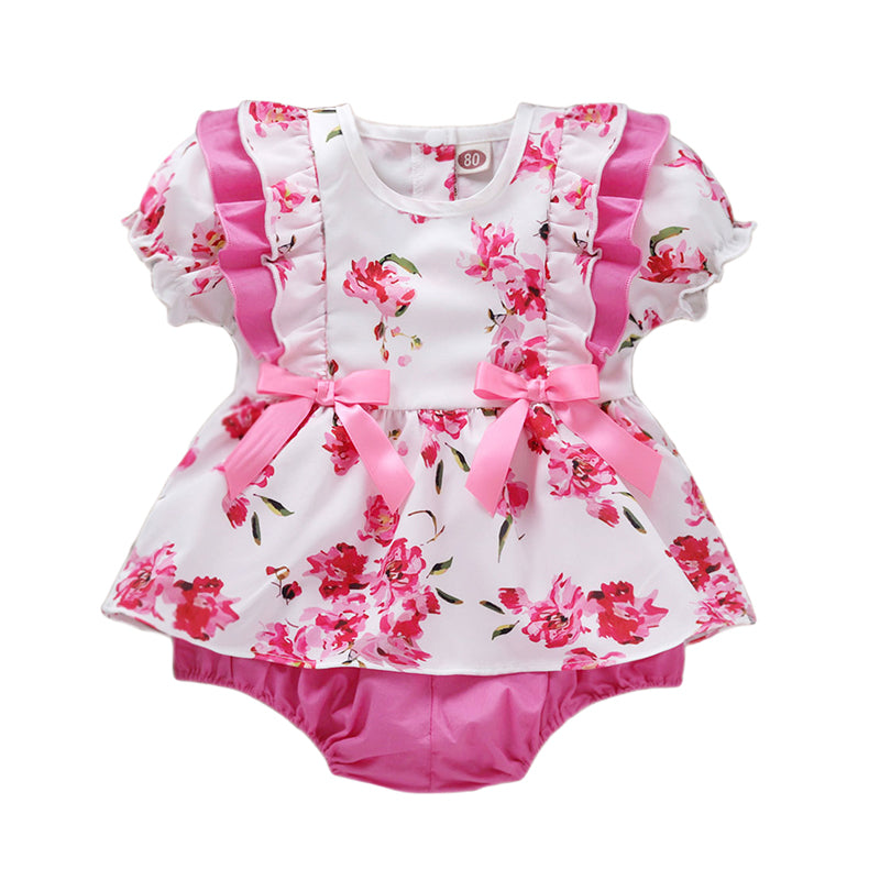 Baby Girls Flower Bow Print Rompers Wholesale 22121673