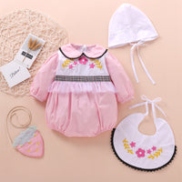 Load image into Gallery viewer, 3 Pieces Set Baby Girls Embroidered Rompers Solid Color Hats And Flower Others accessories Wholesale 22121688
