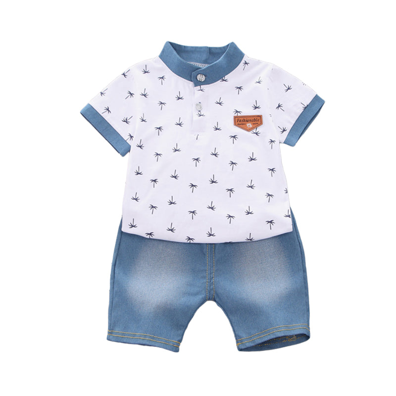 2 Pieces Set Baby Kid Boys Plant Print Polo Shirts And Solid Color Shorts Wholesale 22122005
