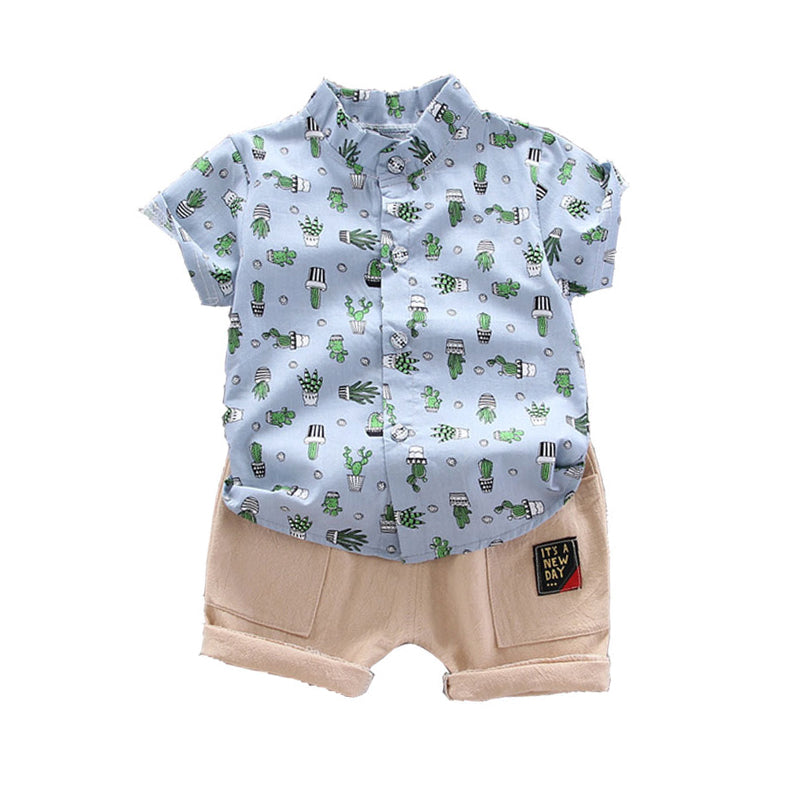2 Pieces Set Baby Kid Boys Plant Print Shirts And Letters Shorts Wholesale 22122010
